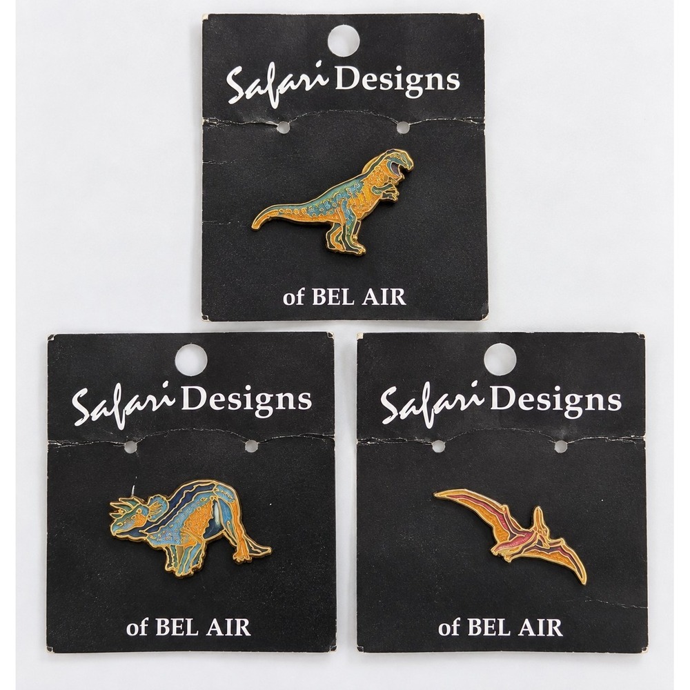 Safari Designs of Bel Air Dinosaur & Pterodactyl Pinback Pins Lot of 3 Cards